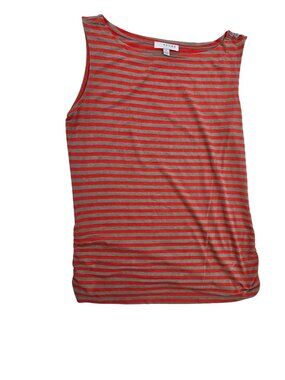 Striped Red & Beige Sleeveless Top With Side Ruching & Button Detail By Kenar
